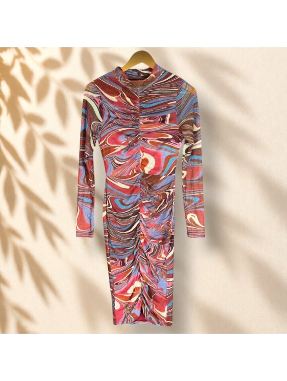 Akira Dress Women M Medium Red Striped Shift Midi Long Sleeve High Neck Lined